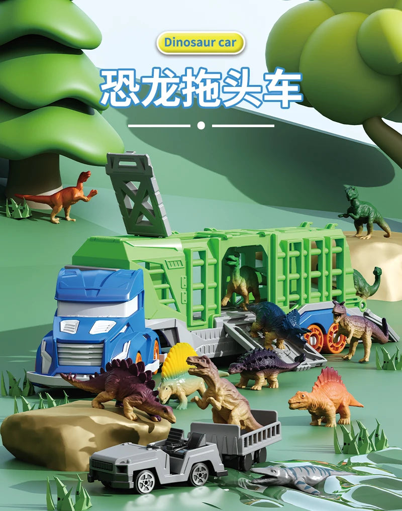 Dinosaur Transport Truck Playset with 12 Figures and 2 Mini Cars