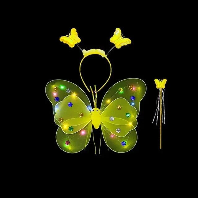 A yellow LED butterfly costume set featuring glowing wings, a skirt, and a wand.