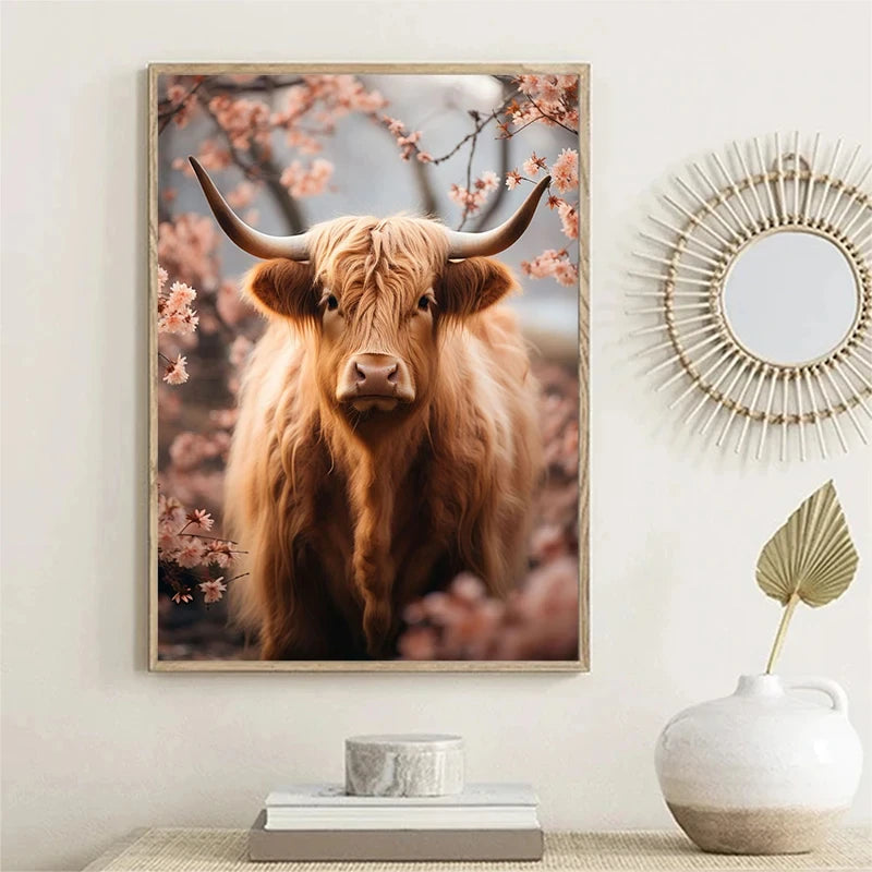 Canvas wall art featuring a Highland cow with horns and reddish-brown fur against a soft, blurred background.