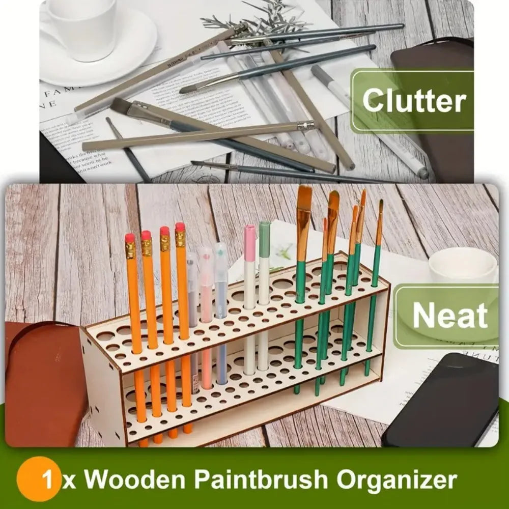 A wooden paintbrush organizer with multiple slots for storing art brushes and pencils.