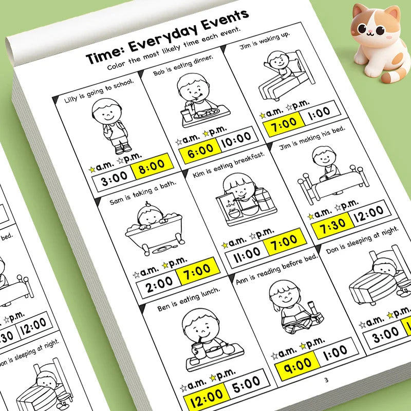 A page from a time-telling workbook showing daily events and corresponding times for children.