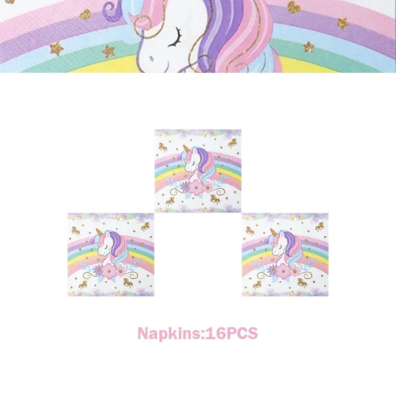 A set of 16 unicorn-themed napkins for a girls' birthday celebration.