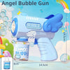 A blue Angel Bubble Gun is shown spraying bubbles against a light blue background with colorful bubbles floating around.