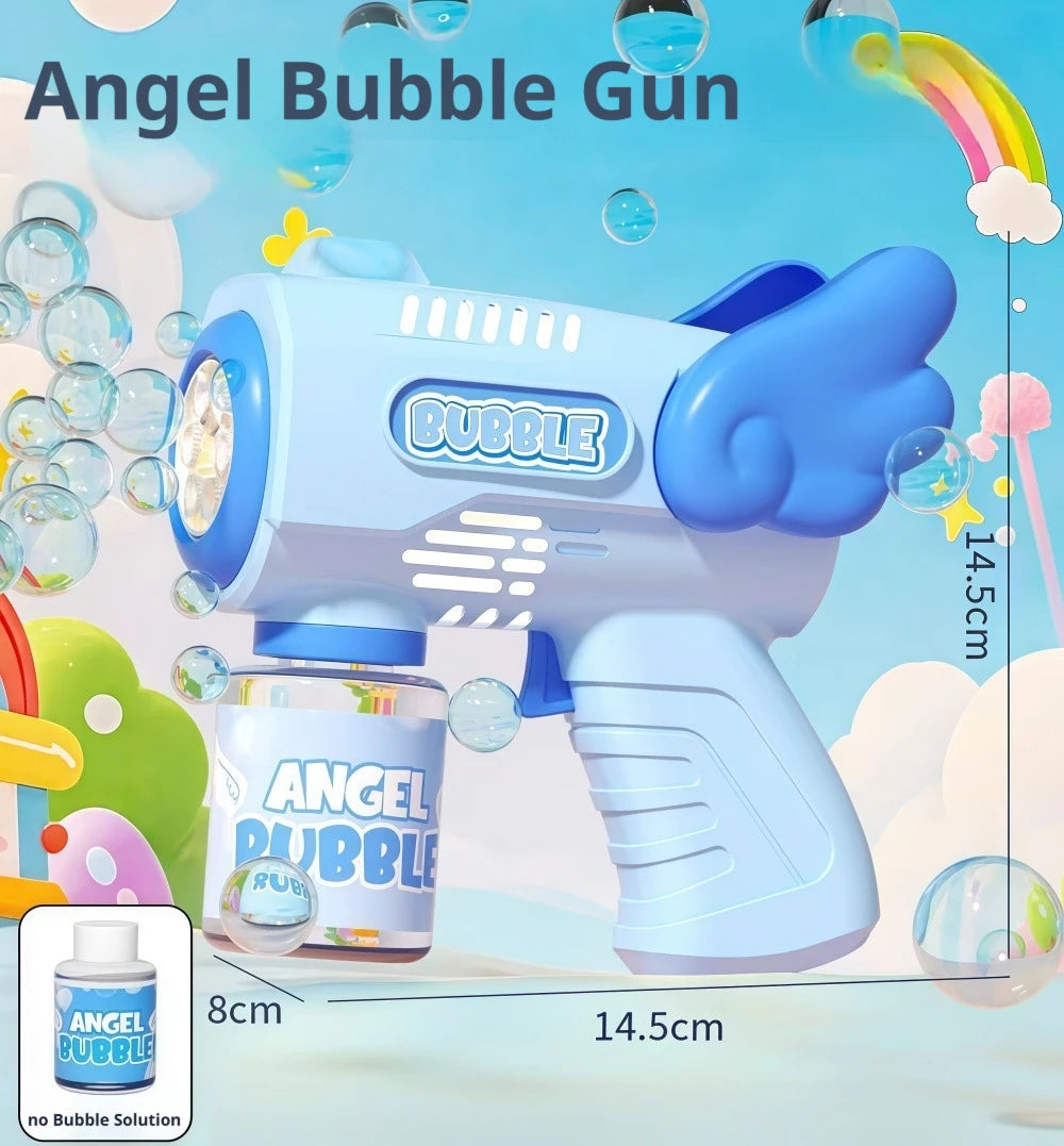 A blue Angel Bubble Gun is shown spraying bubbles against a light blue background with colorful bubbles floating around.