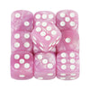 A set of ten pink marble effect acrylic D6 dice with white dots for tabletop gaming