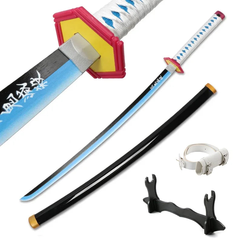 A long, silver katana with a yellow guard and blue blade is shown alongside its scabbard and a separate sword blade.