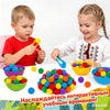 Two children interact with a rainbow sorting and counting toy set featuring colorful balls and tweezers.