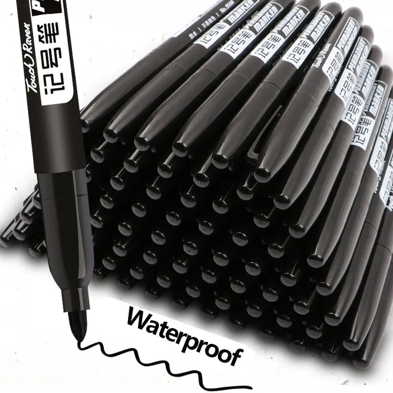 A close-up view of a black permanent fine-tip marker pen and a stack of six identical markers.