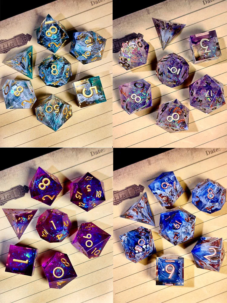 A collection of handcrafted resin polyhedral dice in light purple and gold numbers arranged on a sheet of lined paper.