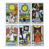 A set of twelve tarot cards featuring various archetypes like The Sun, The Moon, The Tower, Temperance, Death, and Justice.