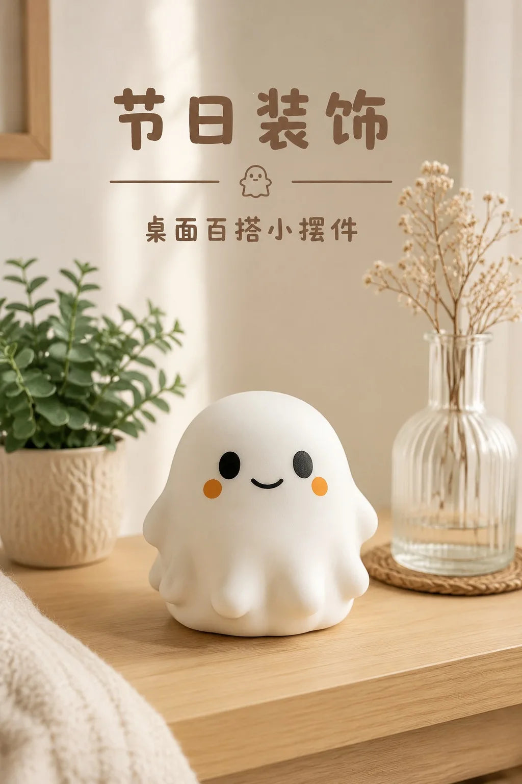 A white, squishy ghost-shaped stress ball is placed on a wooden surface next to some dried flowers.
