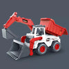 A red and white diecast excavator toy truck with a large bucket and boom on a gray background.