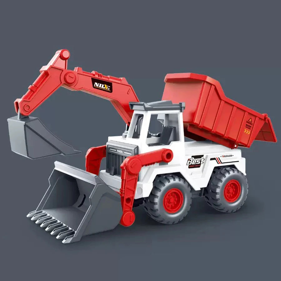 A red and white diecast excavator toy truck with a large bucket and boom on a gray background.