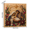 A framed diamond painting depicting the Nativity scene featuring Mary, Joseph, and the baby Jesus surrounded by floral and gr
