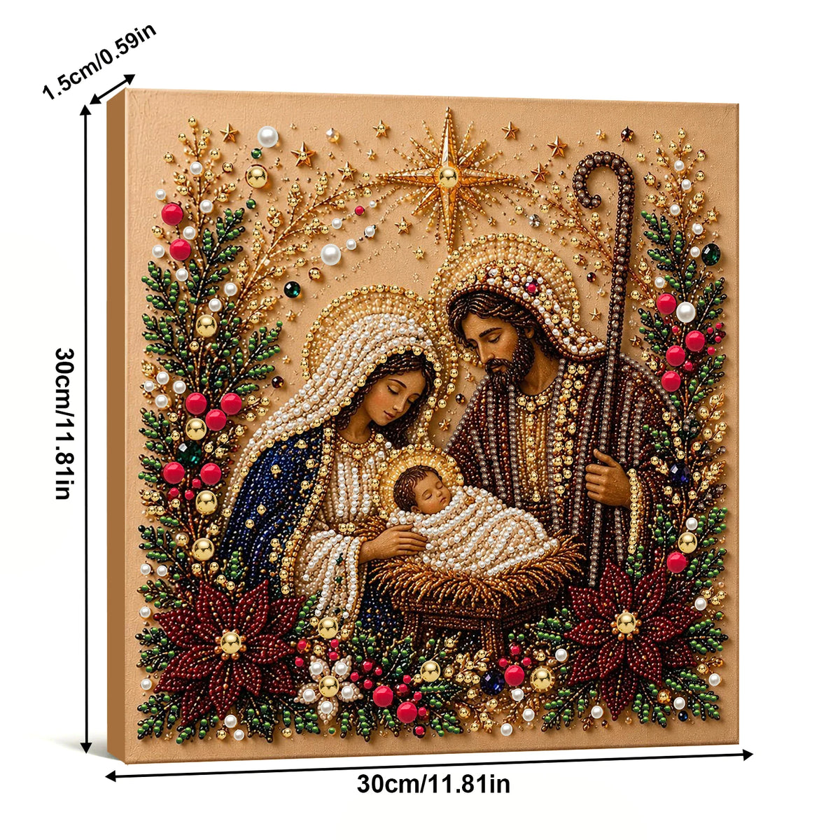 A framed diamond painting depicting the Nativity scene featuring Mary, Joseph, and the baby Jesus surrounded by floral and gr