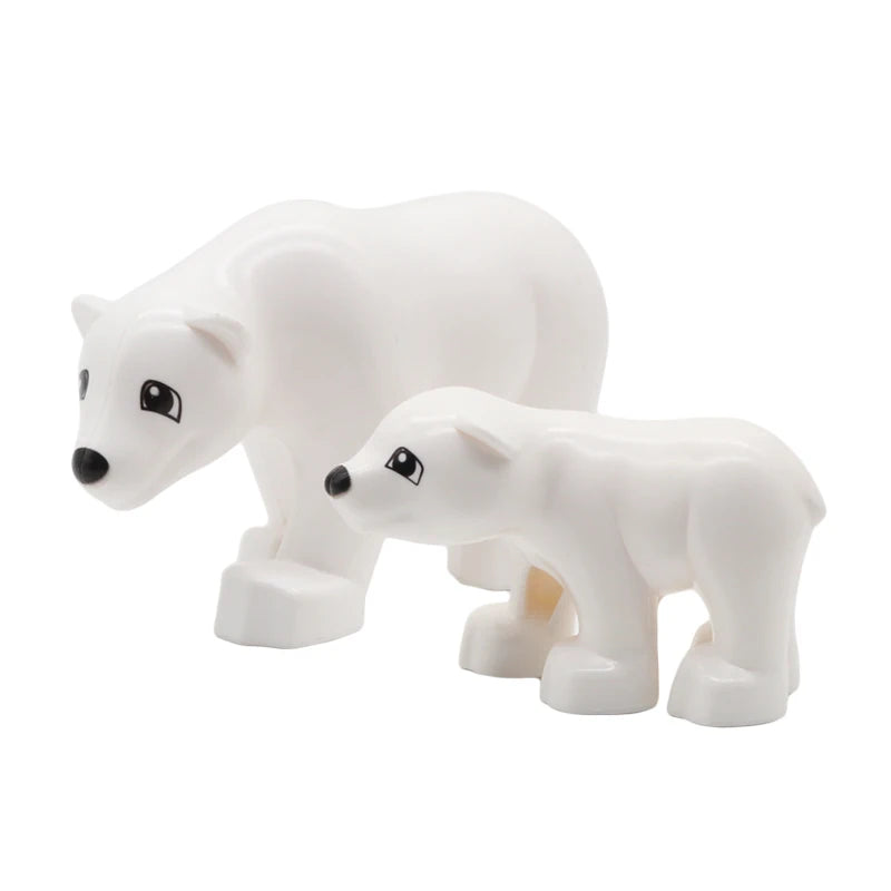 White plastic zoo animal building blocks set featuring a lion, bear, tiger, elephant, and panda.