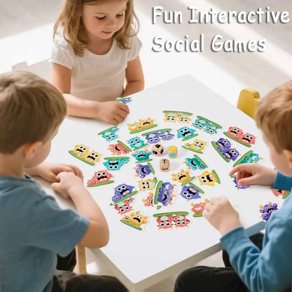 Three young children are playing a colorful shape matching game on a white board.