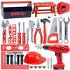 A red kids tool set featuring a drill, hammer, pliers, and various tools in a storage box.