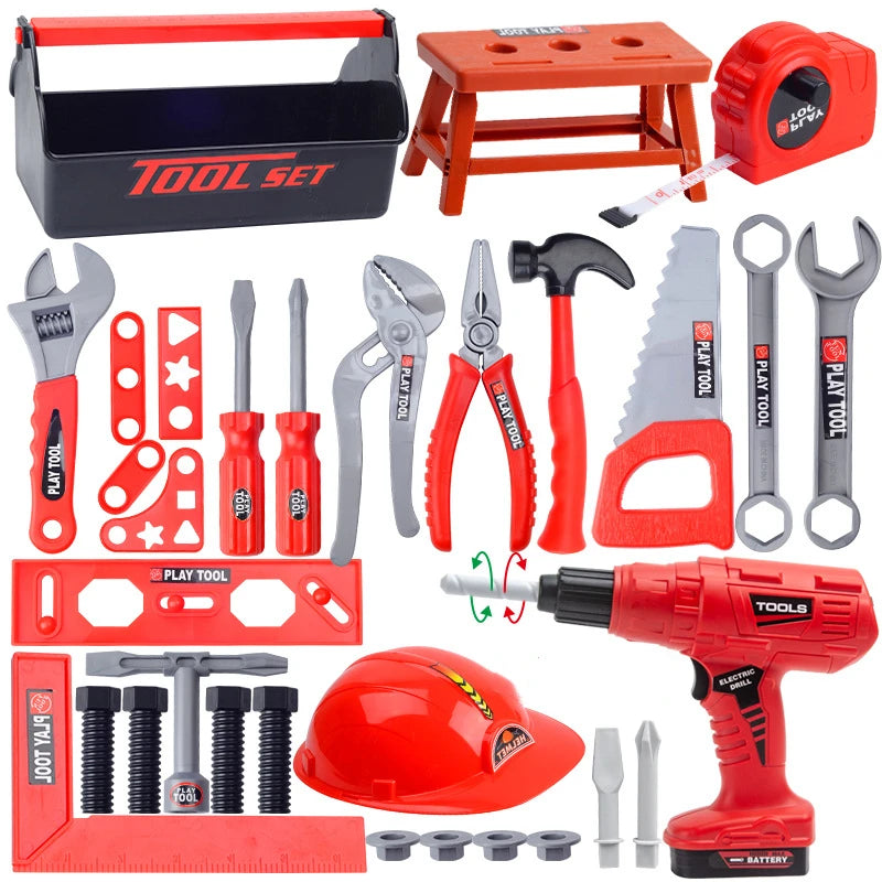 A red kids tool set featuring a drill, hammer, pliers, and various tools in a storage box.