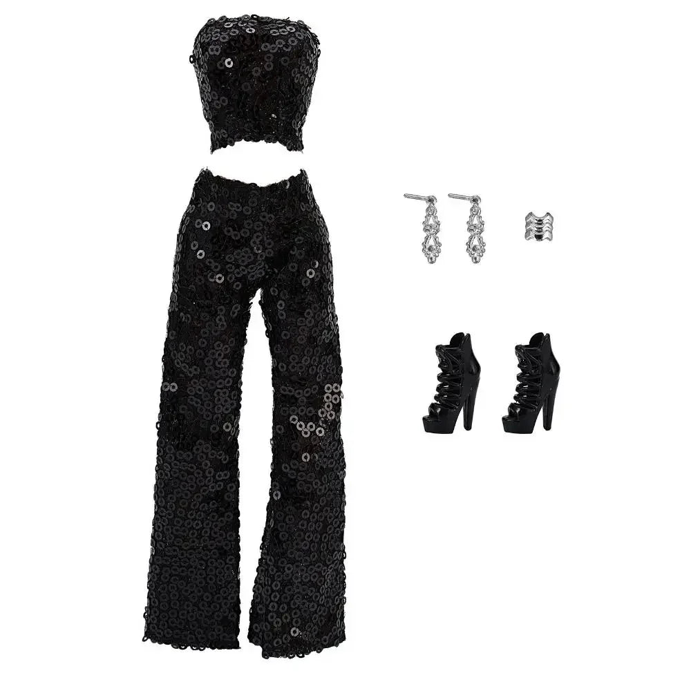 Black sequin party trousers set for fashion dolls including a top and boots