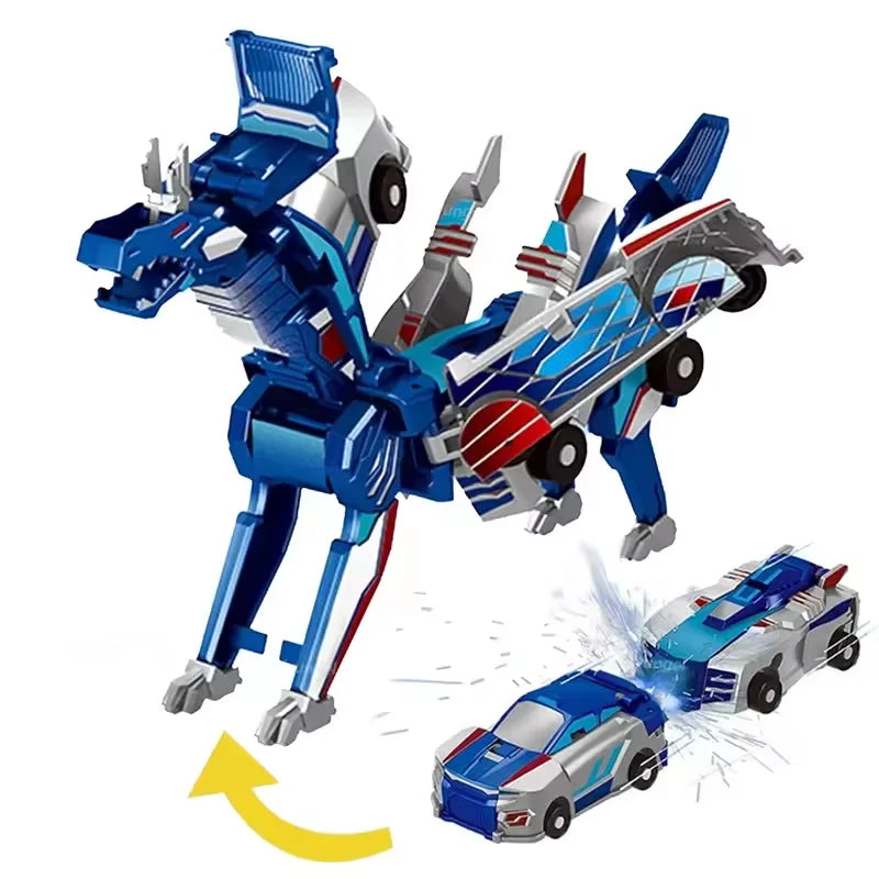 A blue transforming unicorn vehicle toy set in action against a white background.