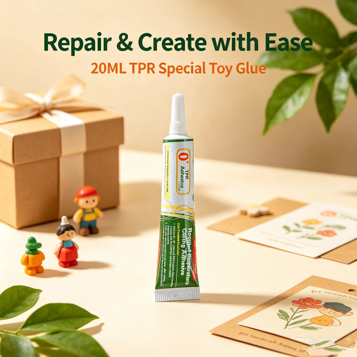 A bottle of 20ML TPR Special Toy Glue is shown next to small plastic toys and a gift box.