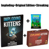 A box of Imploding Kittens featuring a cartoon cat and text about the first expansion of exploding kittens.