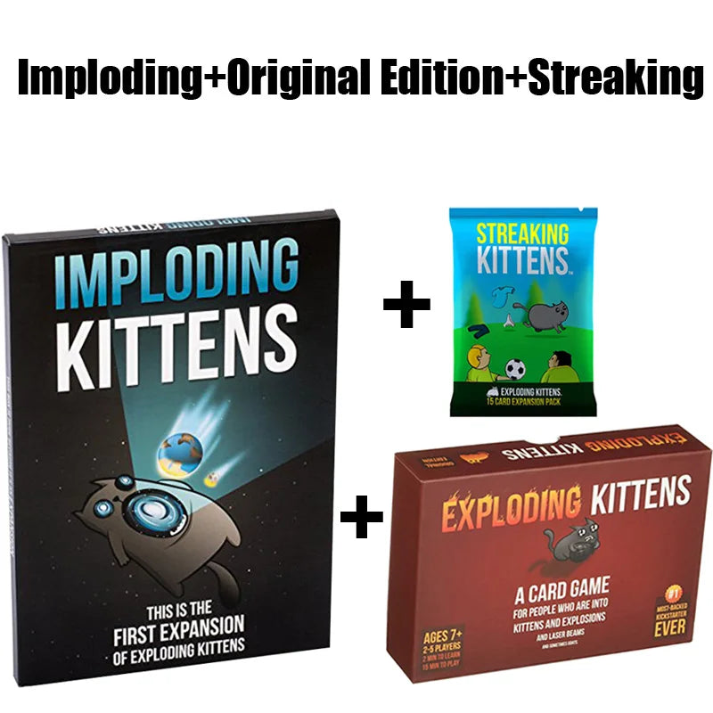 A box of Imploding Kittens featuring a cartoon cat and text about the first expansion of exploding kittens.