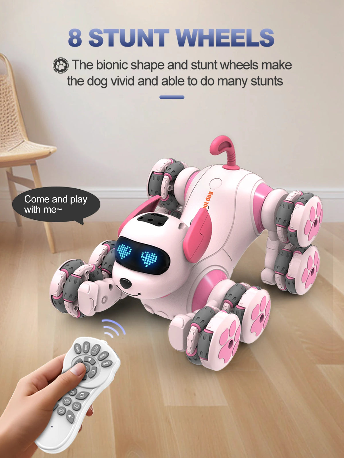 A pink remote control stunt robot dog with 8 wheels is shown on a wooden floor, being operated by a hand.
