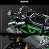A close-up view of a detailed black and green motorbike model kit with display details.