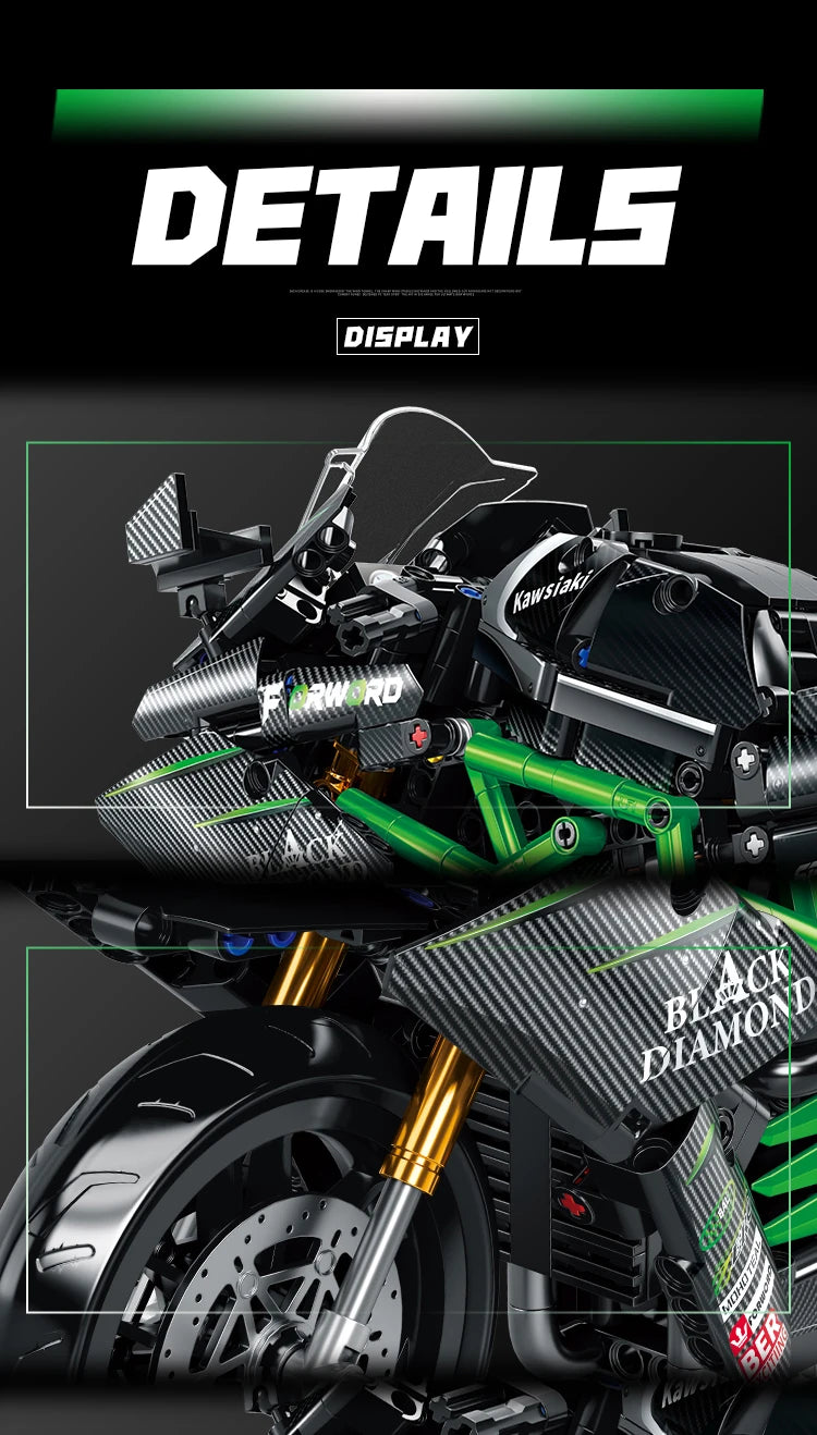 A close-up view of a detailed black and green motorbike model kit with display details.