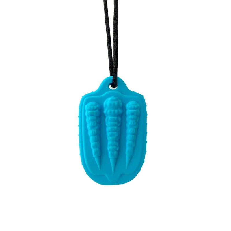 A teal silicone chew necklace with a textured, elongated shape on a black cord.