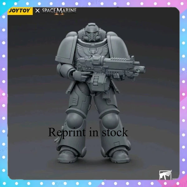 A grey 1/18 scale Warhammer 40K Intercessor action figure in full armor holding a weapon.