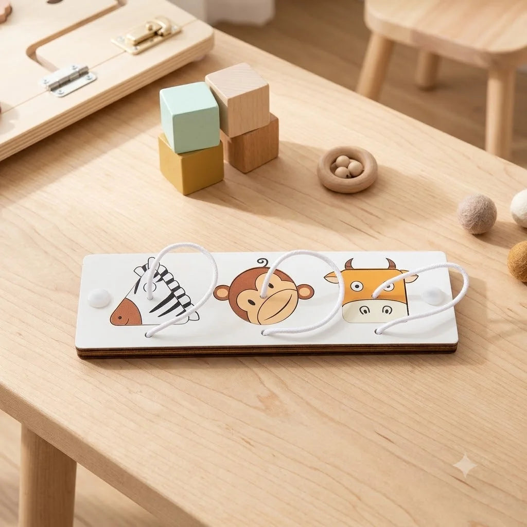 A wooden Montessori busy board featuring animal figures and sensory elements on a light wood table.