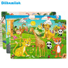A 30-piece wooden jigsaw puzzle featuring various colorful animals like a giraffe, lion, panda, and tiger.