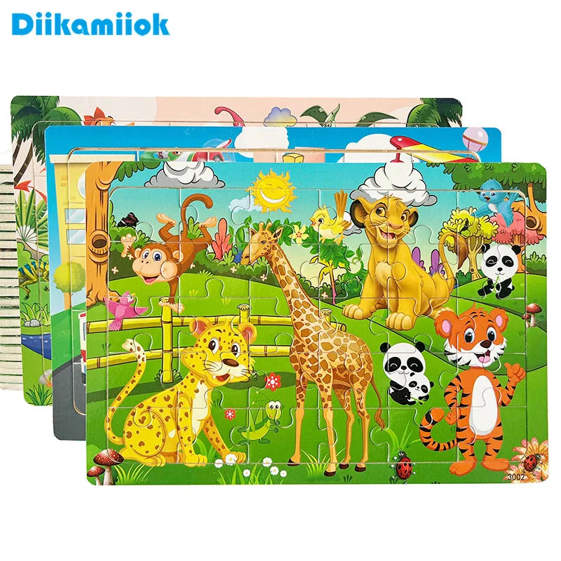 A 30-piece wooden jigsaw puzzle featuring various colorful animals like a giraffe, lion, panda, and tiger.