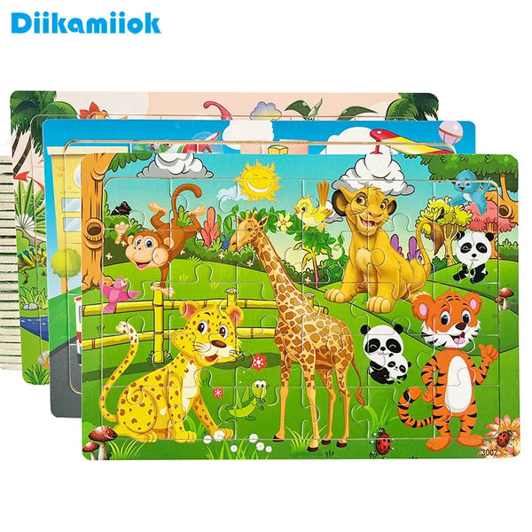 A 30-piece wooden jigsaw puzzle featuring various colorful animals like a giraffe, lion, panda, and tiger.