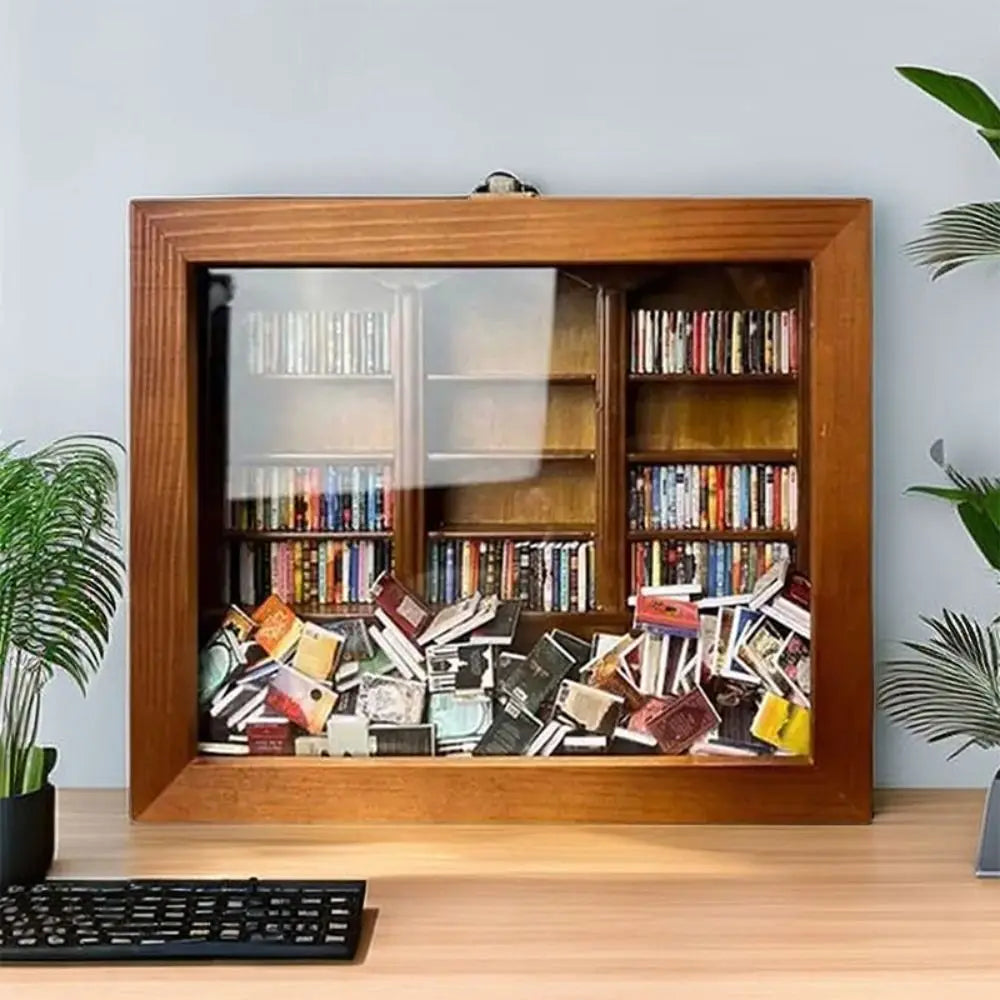 A wooden bookshelf decor featuring a glass display case filled with various books and mini fidget items.