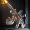 A clear plastic automatic electric UMP45 water blaster rifle is shown in a dynamic pose against a dark background.