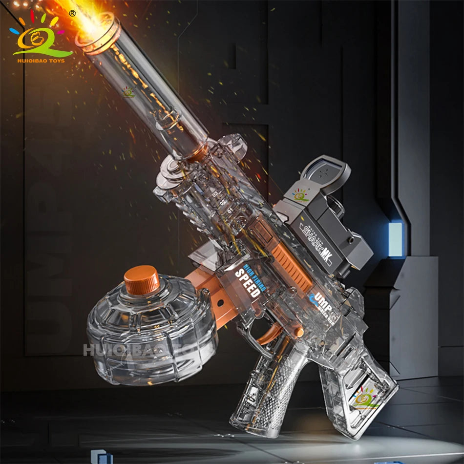 A clear plastic automatic electric UMP45 water blaster rifle is shown in a dynamic pose against a dark background.