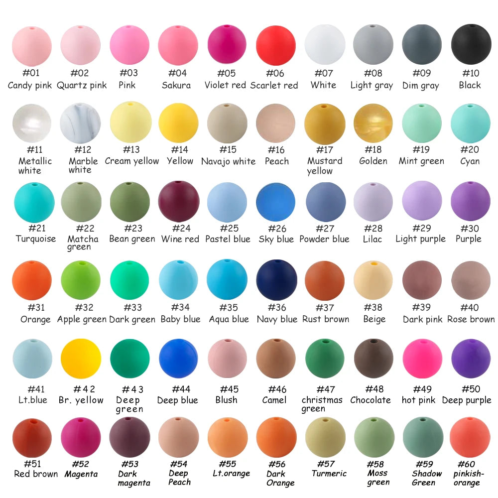 A collection of 60 round silicone beads in various colors including pink, yellow, green, blue, and brown.