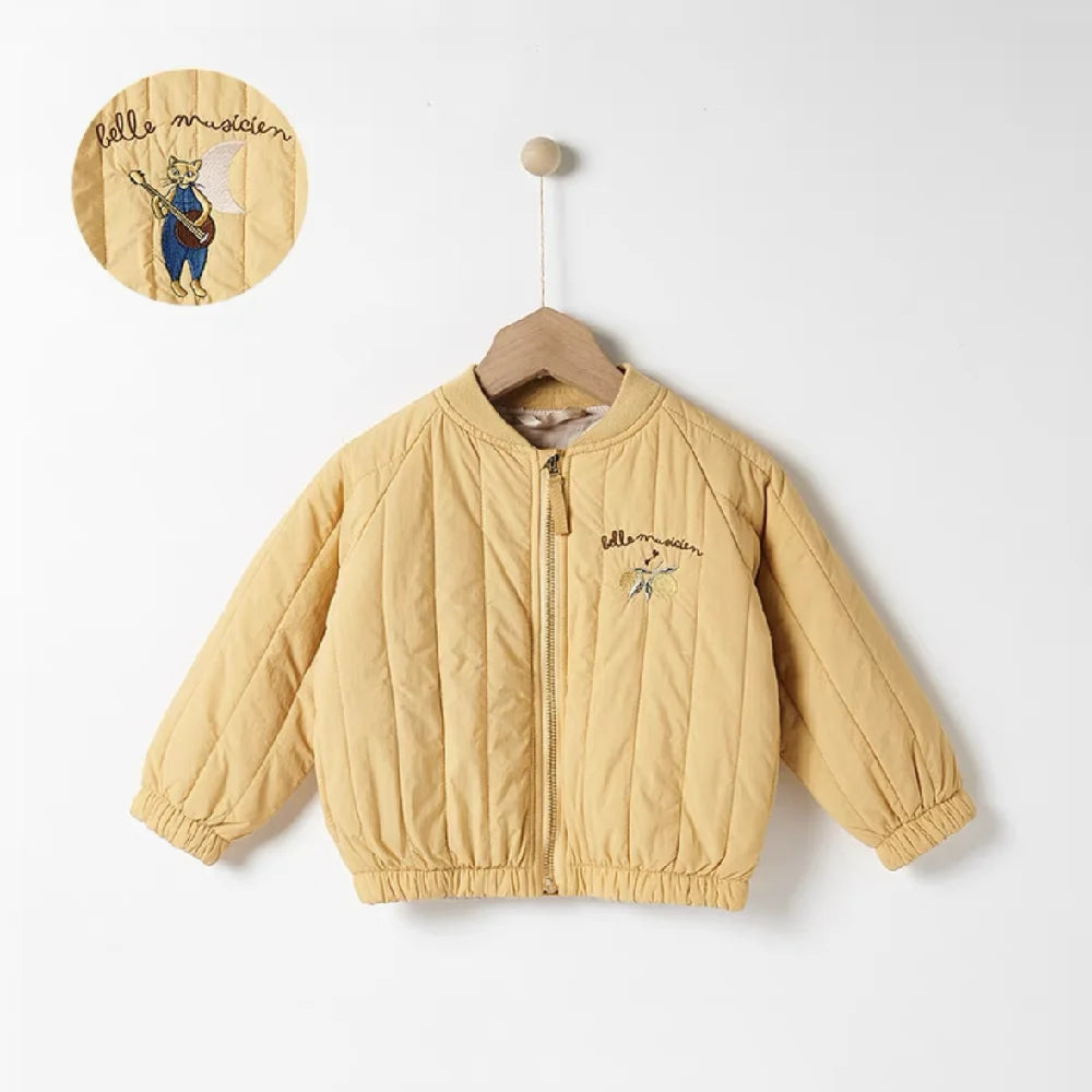 A yellow padded jacket for kids featuring a letter print on the chest, displayed against a white background.