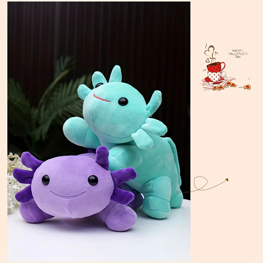 A soft teal axolotl plush toy and a purple axolotl plush toy are displayed against a light background.