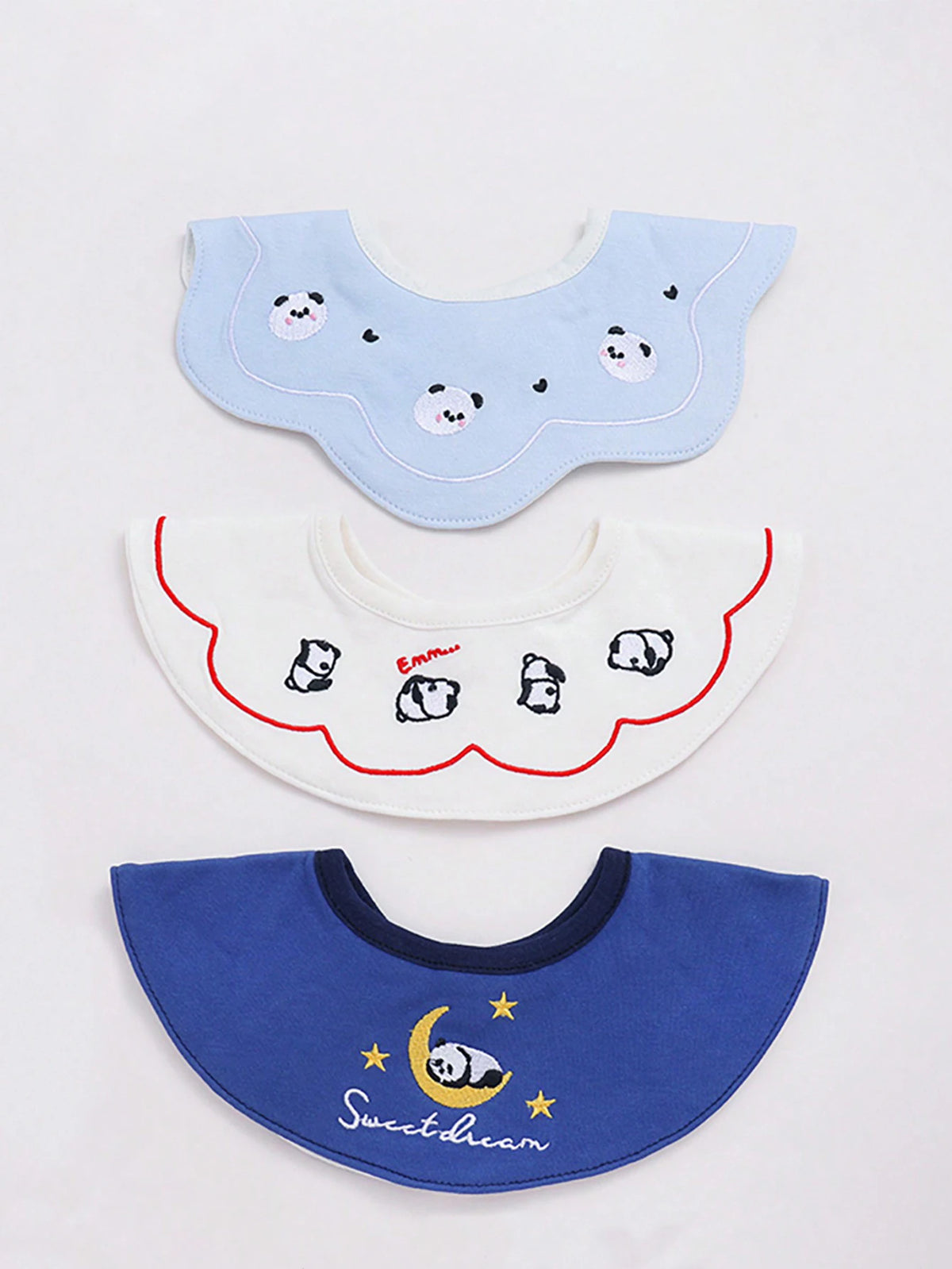A set of three baby waterproof drool bibs featuring cute panda designs in light blue, white, and royal blue.