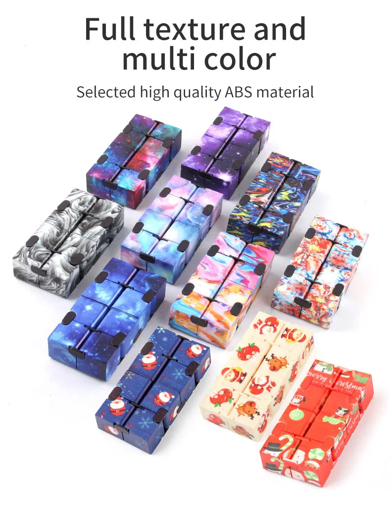A collection of multi-colored ABS fidget cubes featuring full texture and various colors.