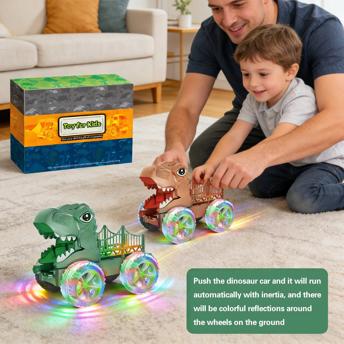 Dinosaur Monster Truck with Glowing LED Wheels – 2-Pack