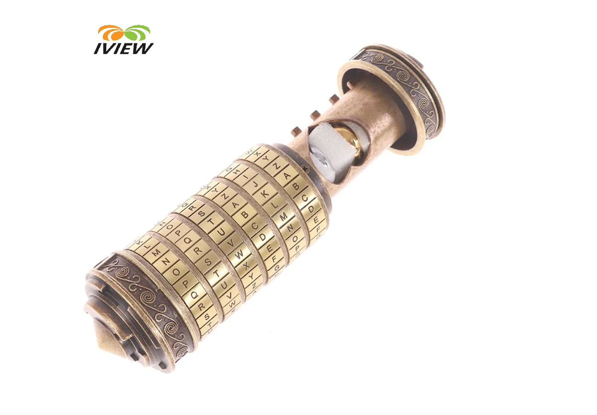 A brass Da Vinci style metal cryptex love lock with rings, featuring an engraved alphabet dial.