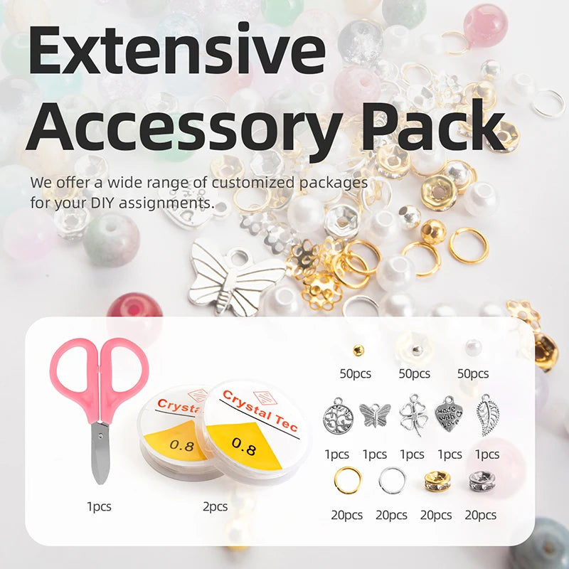 An extensive accessory pack for DIY jewelry making featuring various glass beads, findings, and tools.
