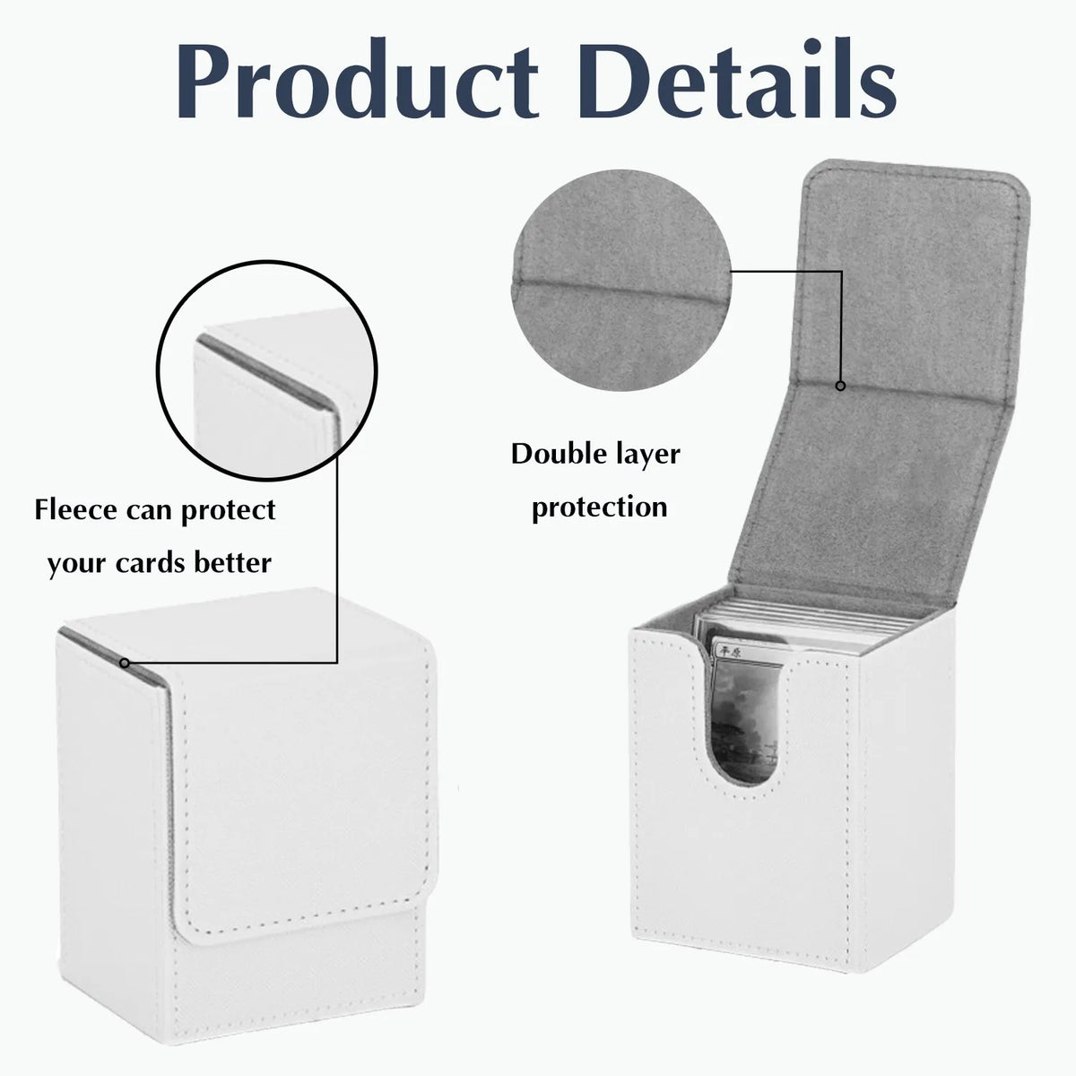 A white leather deck box with a lid, showing details of double layer protection for trading cards.