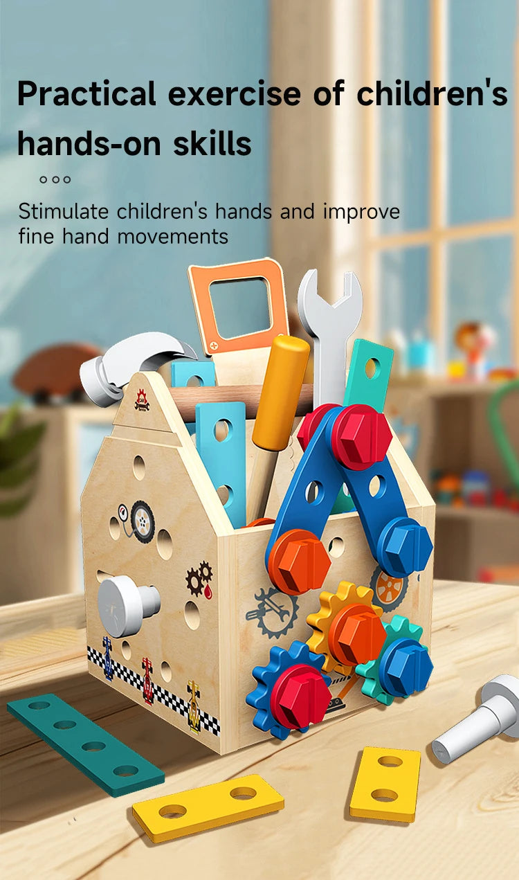 A wooden busy house toolbox for children featuring various tools and shape matching elements.
